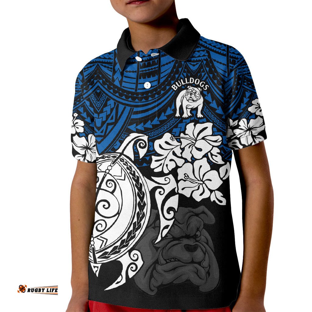 Custom Bulldogs Rugby Kid Polo Shirt Berries Hibiscus and Turtle With Polynesian Pattern