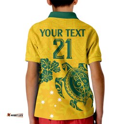 Custom Australia Soccer Kid Polo Shirt Socceroos Hibiscus and Turtle With Polynesian Pattern