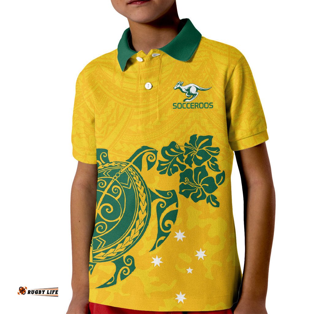 Custom Australia Soccer Kid Polo Shirt Socceroos Hibiscus and Turtle With Polynesian Pattern
