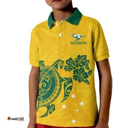 Custom Australia Soccer Kid Polo Shirt Socceroos Hibiscus and Turtle With Polynesian Pattern