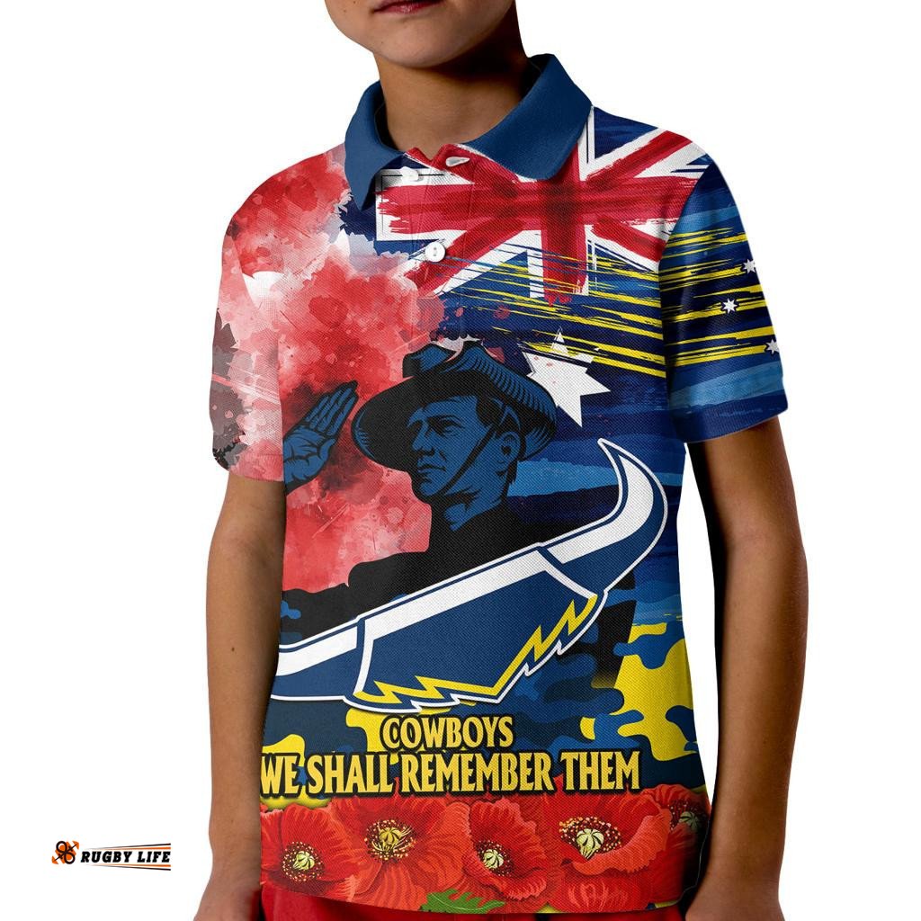 ANZAC Cowboys Rugby Kid Polo Shirt We Shall Remember