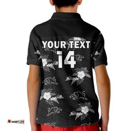 Custom Text And Number Panthers Rugby Kid Polo Shirt Polynesian Tribal Mix Tropical Hawaiian Style