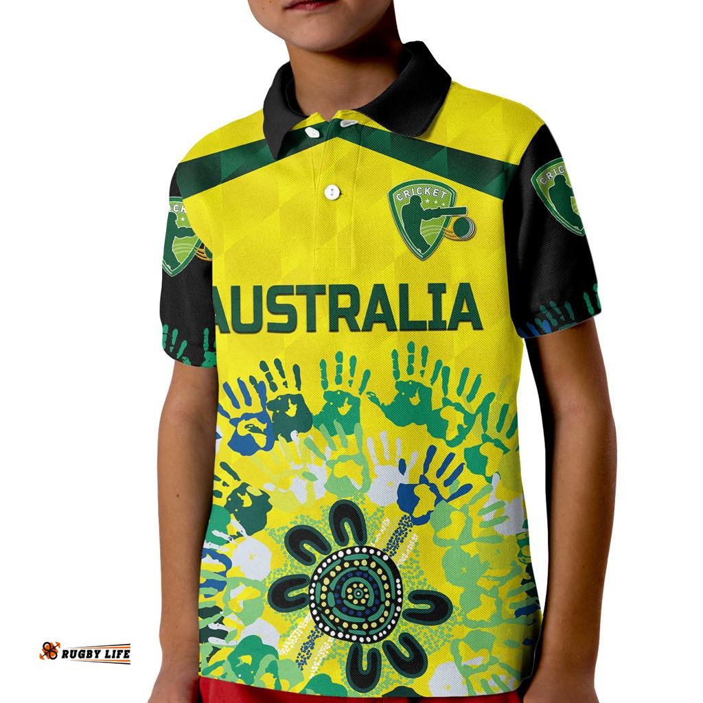 Custom Personalised Australia Cricket Kid Polo Shirt Aboriginal Style Unique - Black