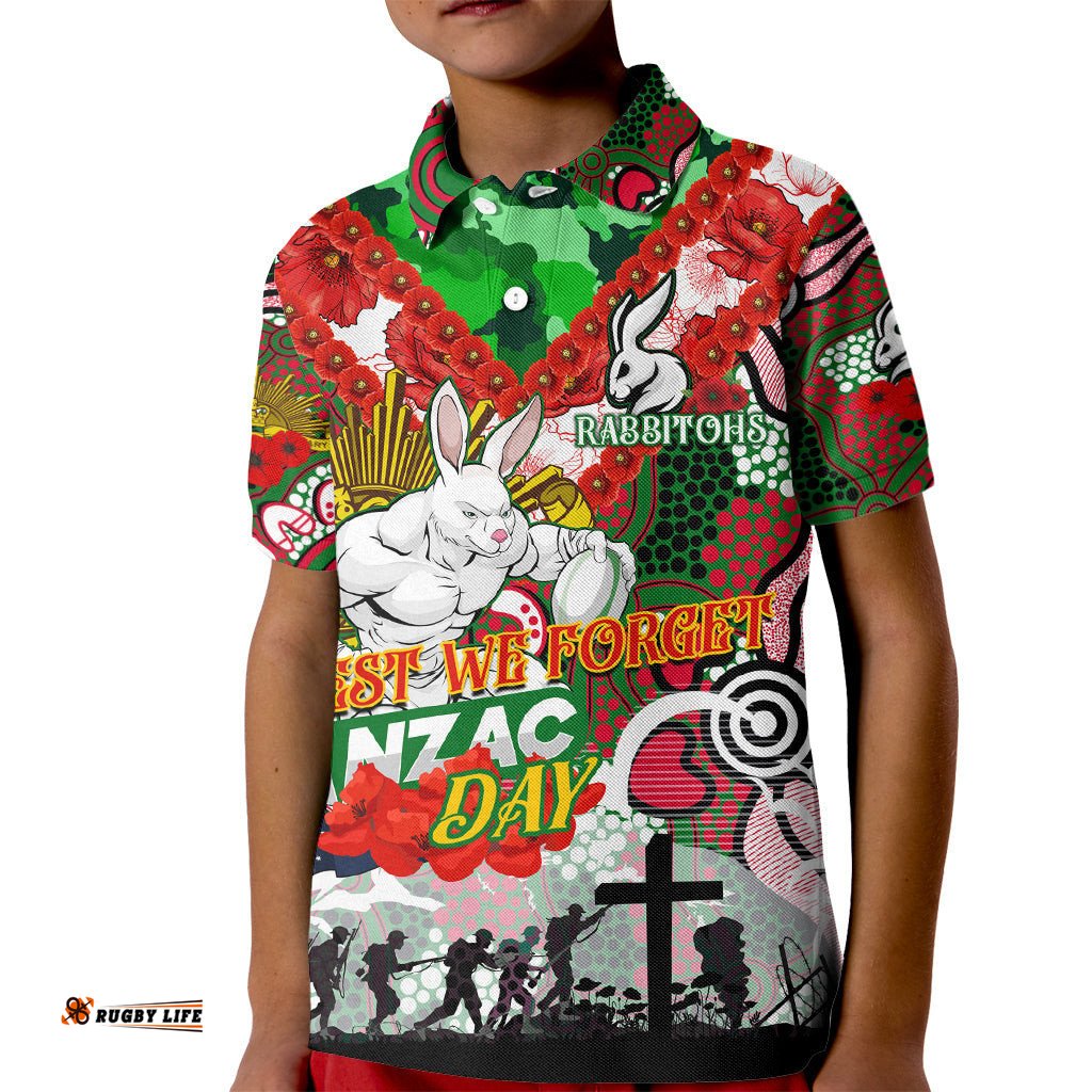Personalised Rabbitohs ANZAC Day Kid Polo Shirt Aboriginal Rising Sun