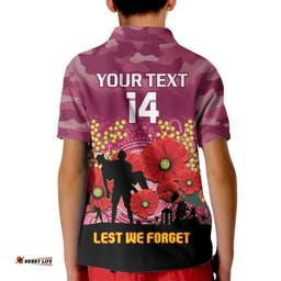 Custom Lions Football ANZAC Kid Polo Shirt Gallipoli Camouflage With Poppies