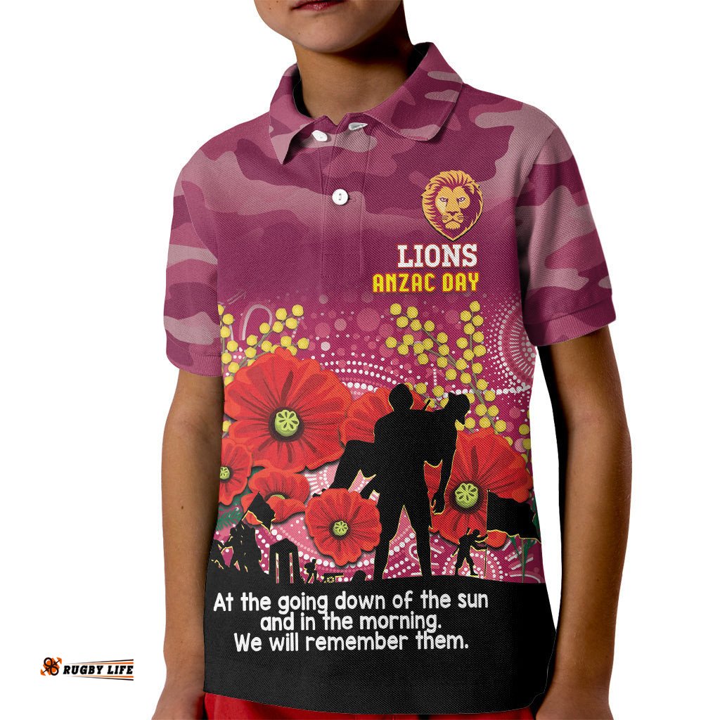 Custom Lions Football ANZAC Kid Polo Shirt Gallipoli Camouflage With Poppies