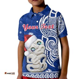 Custom Personalised New Zealand Christmas Polo Shirt KID Hei Tiki Blue Pohutukawa Meri Kirihimete