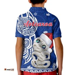 Custom Personalised New Zealand Christmas Polo Shirt KID Hei Tiki Blue Pohutukawa Meri Kirihimete