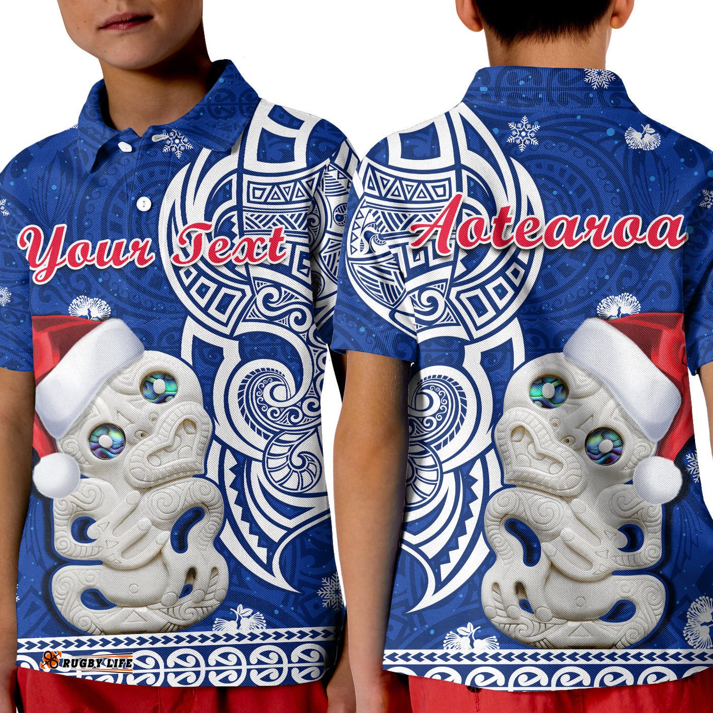 Custom Personalised New Zealand Christmas Polo Shirt KID Hei Tiki Blue Pohutukawa Meri Kirihimete