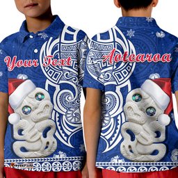 Custom Personalised New Zealand Christmas Polo Shirt KID Hei Tiki Blue Pohutukawa Meri Kirihimete