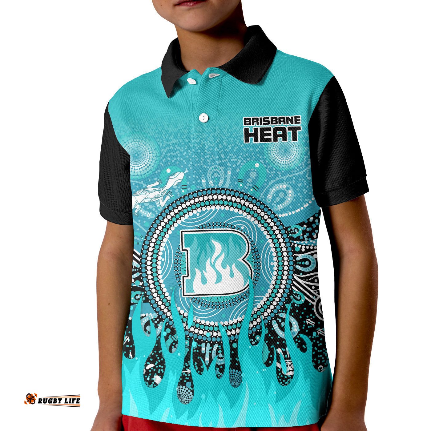 Brisbane Heat Polo Shirt KID Aboriginal Dot Fire Australia Cricket