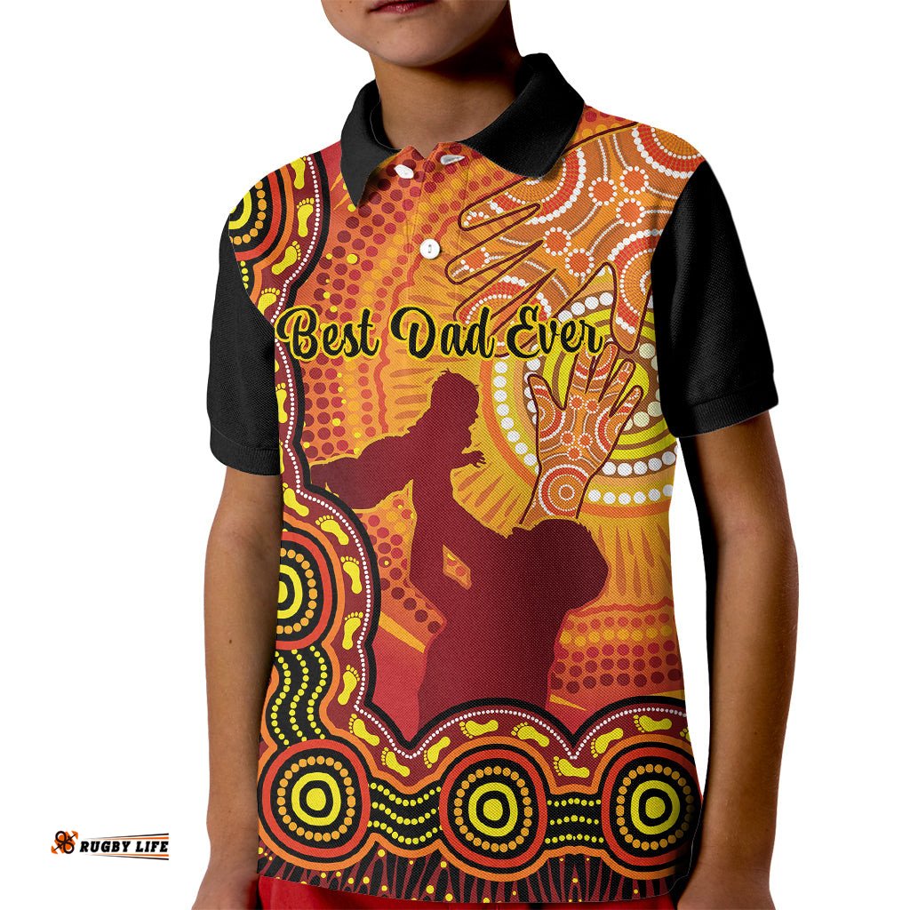 Australia Father Day Kid Polo Shirt Aussie Best Dad Ever Indigenous Hand Art