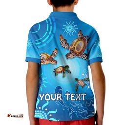 Custom Personalised Australian Aboriginal Polo Shirt KID Happy Turtle Family Version Blue