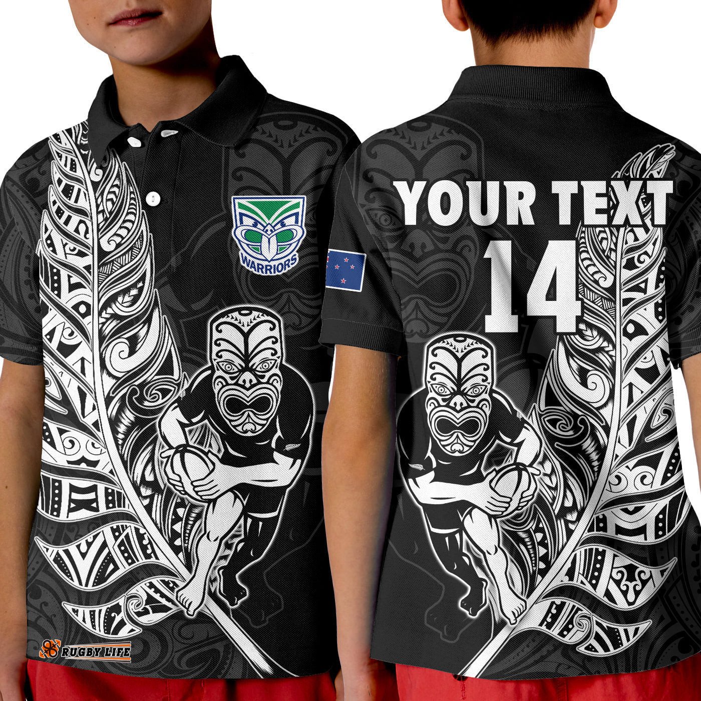 Custom Text And Number New Zealand Tiki Rugby Polo Shirt KID NZ Warriors Fern Maori Style
