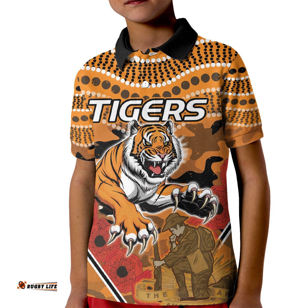 Custom Wests Tigers Rugby ANZAC Kid Polo Shirt Aboriginal and Army Patterns