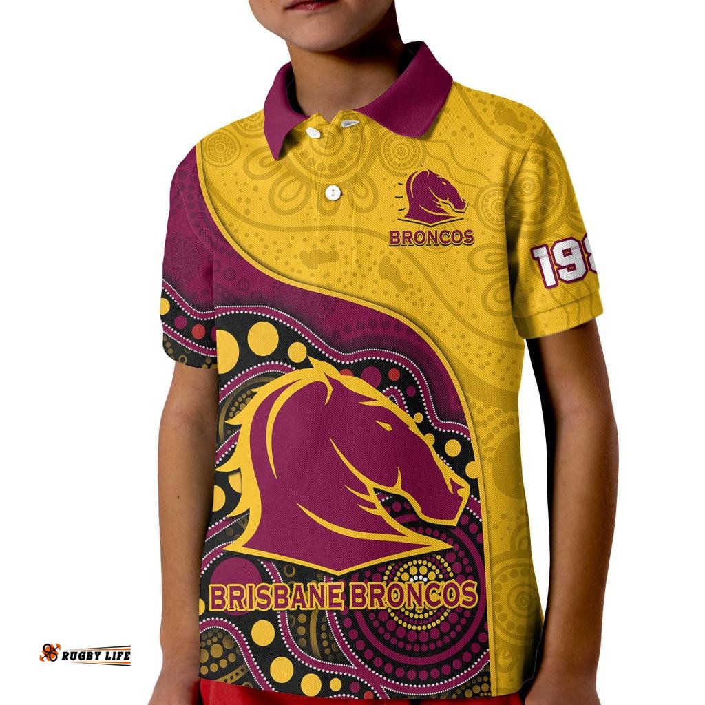 Broncos Rugby Kid Polo Shirt Brisbane 1987 Indigenous Art