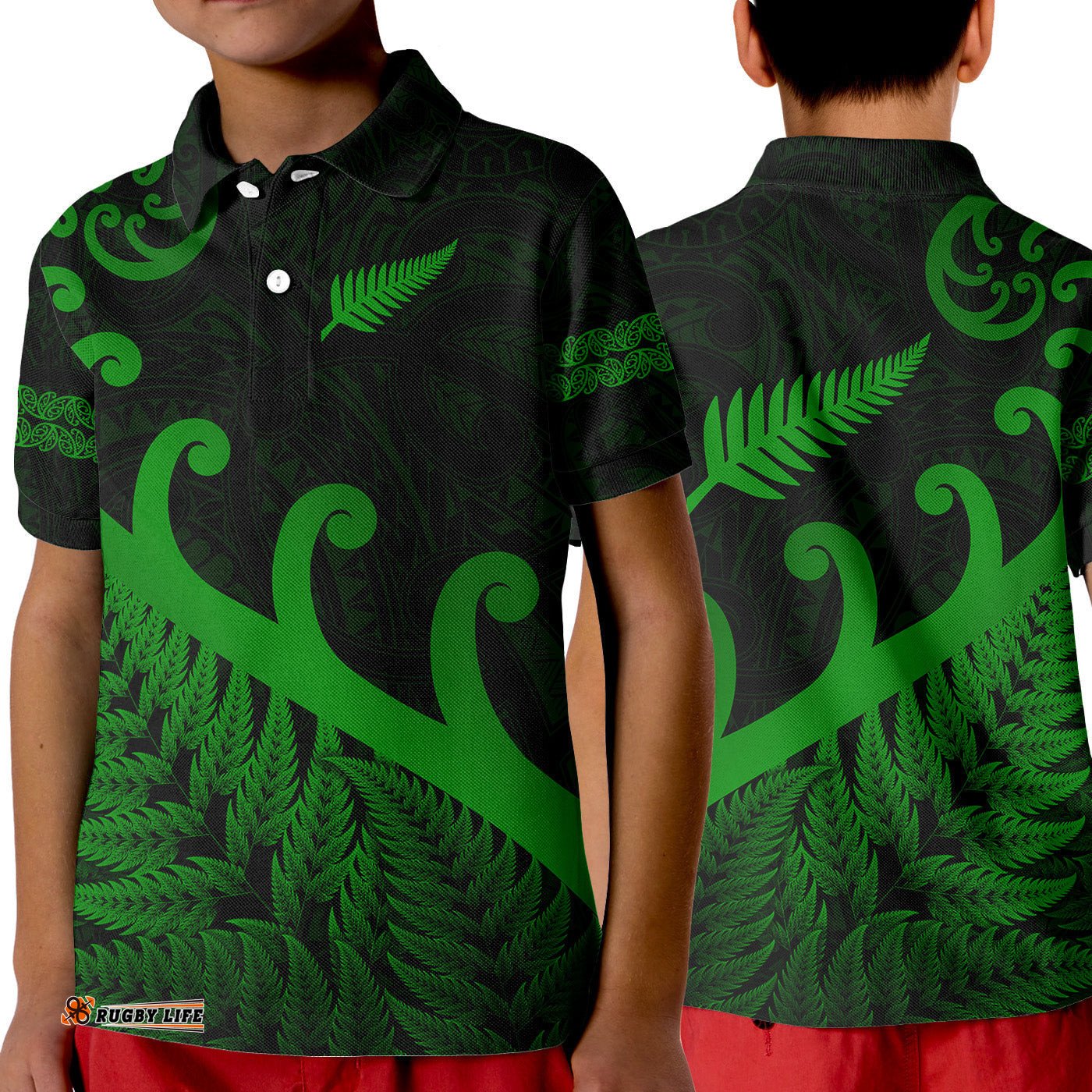 New Zealand Rugby Maori Polo Shirt KID Silver Fern Koru Vibes - Green