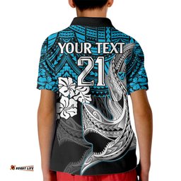 Custom Sharks Rugby Kid Polo Shirt Hibiscus and Sharkies Tattoo With Polynesian Pattern