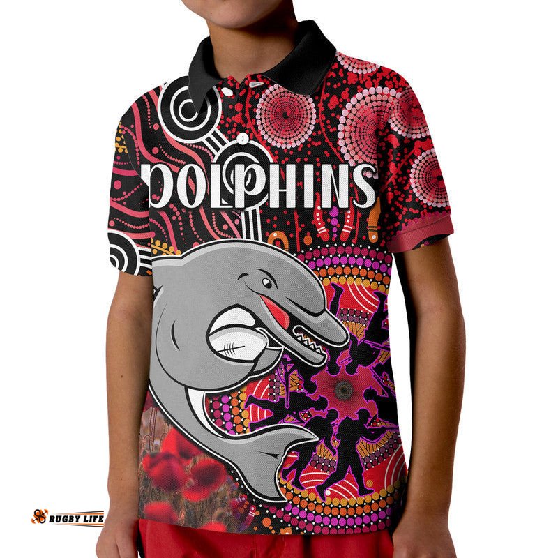 Custom Personalised Dolphins Rugby ANZAC Kid Polo Shirt Aboriginal Military and Poppy Flowers