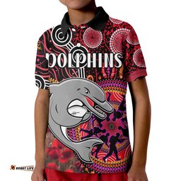 Custom Personalised Dolphins Rugby ANZAC Kid Polo Shirt Aboriginal Military and Poppy Flowers