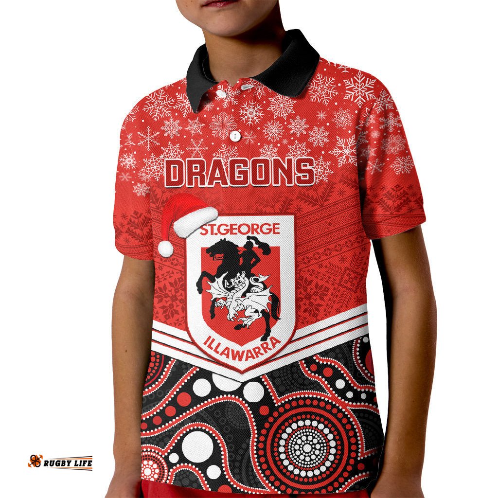Custom Dragons Rugby Christmas Kid Polo Shirt Merry XmasMix Aboriginal Art