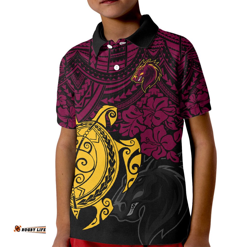 Custom Broncos Rugby Kid Polo Shirt Brisbane Hibiscus and Turtle With Polynesian Pattern