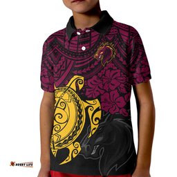 Custom Broncos Rugby Kid Polo Shirt Brisbane Hibiscus and Turtle With Polynesian Pattern