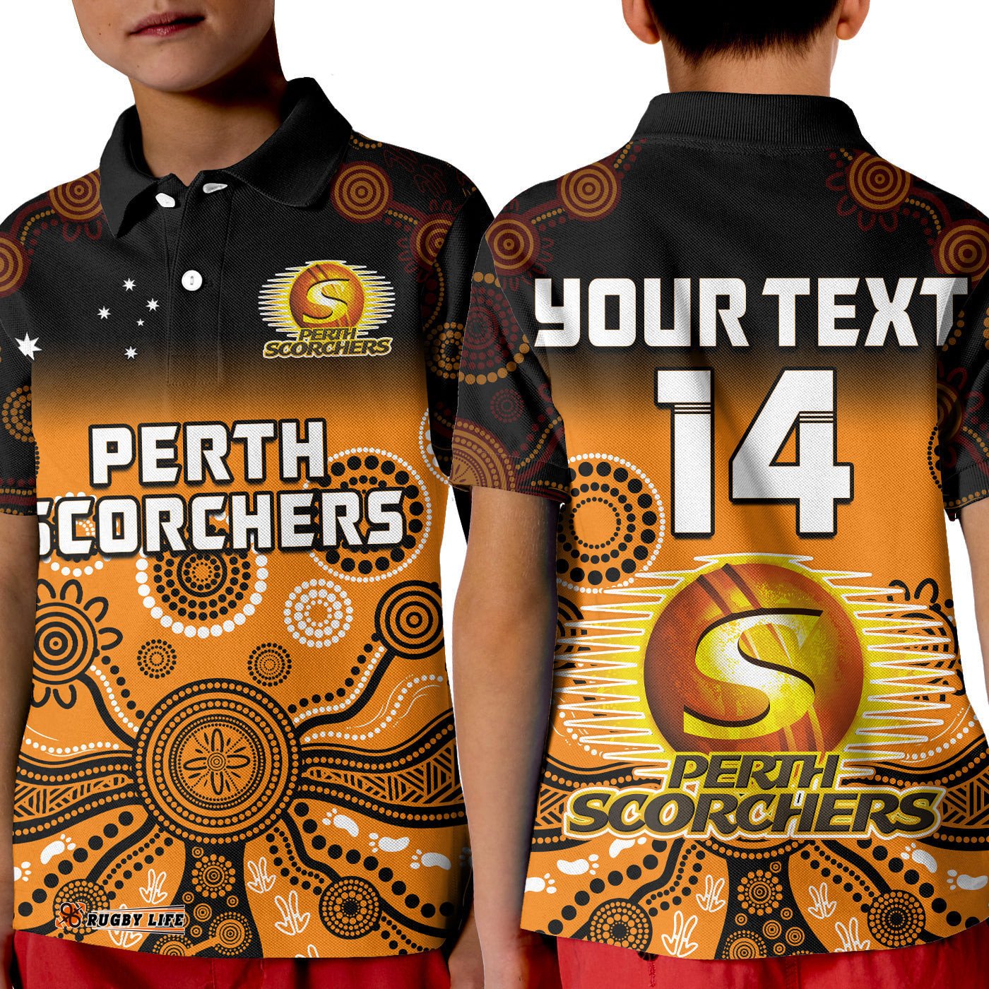 Custom Text And Number Perth Scorchers Polo Shirt KID Gradient Aboriginal Dot Painting