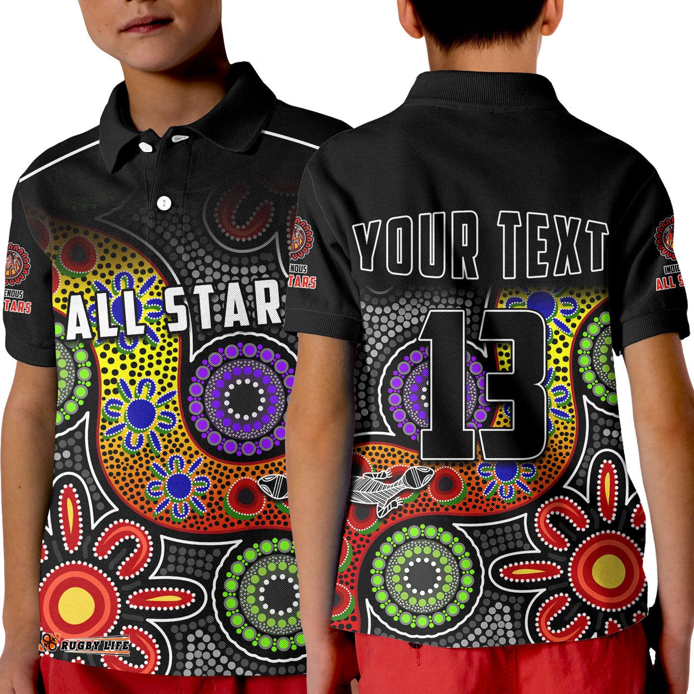 Custom Text and Number All Stars Christmas Polo Shirt KID Indigenous Dreamtime
