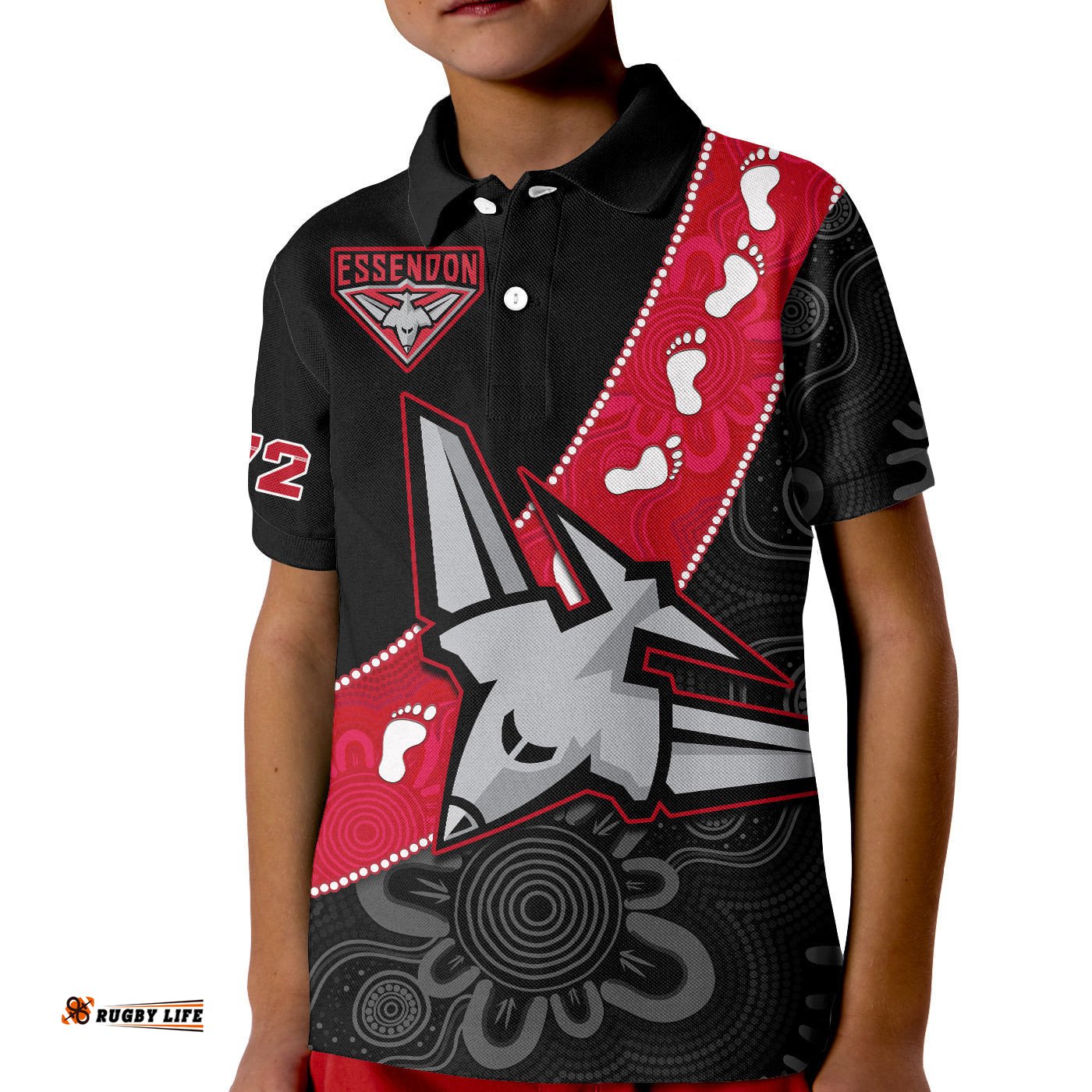 Custom Text And Number Essendon Football Polo Shirt KID Go Bombers 1872 Aboriginal Art
