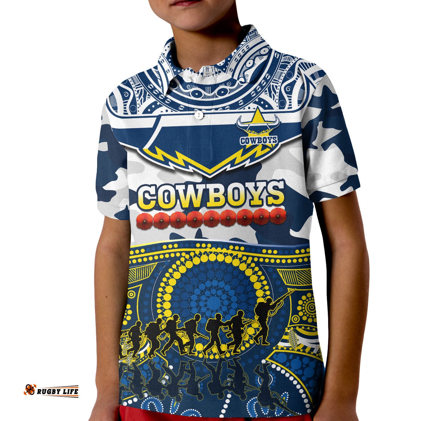 Cowboys Rugby ANZAC Polo Shirt KID Indigenous Poppy Mix Camouflage