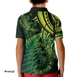 New Zealand Lizard Kid Polo Shirt Silver Fern Aotearoa Maori Green Version