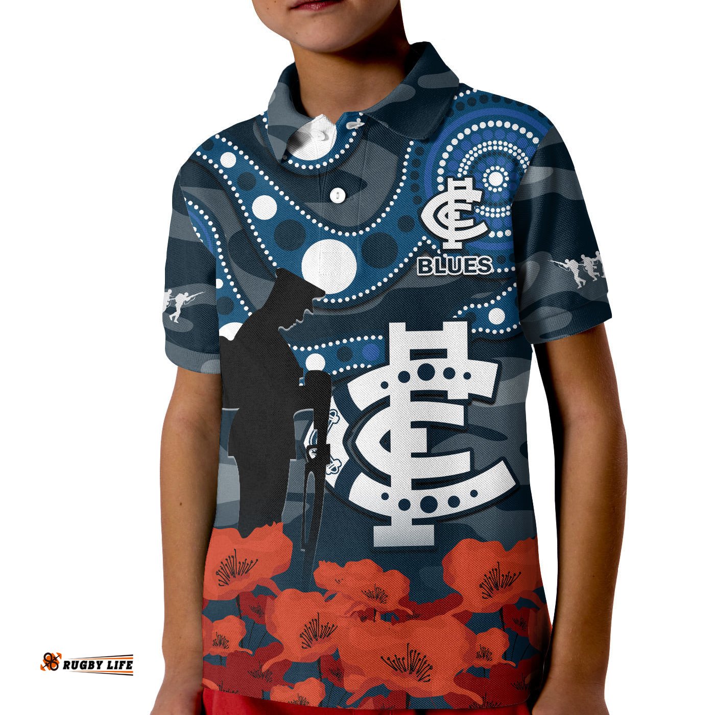 Custom Text And Number Carlton Football ANZACPolo Shirt KID Blues Aboriginal Mix Poppy Camouflage