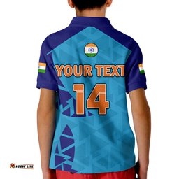 Custom Text And Number India Cricket Polo Shirt KID Men in BlueMens T20 World Cup