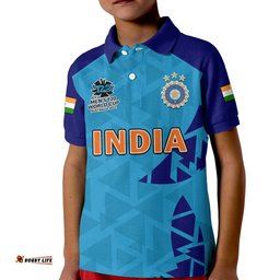Custom Text And Number India Cricket Polo Shirt KID Men in BlueMens T20 World Cup