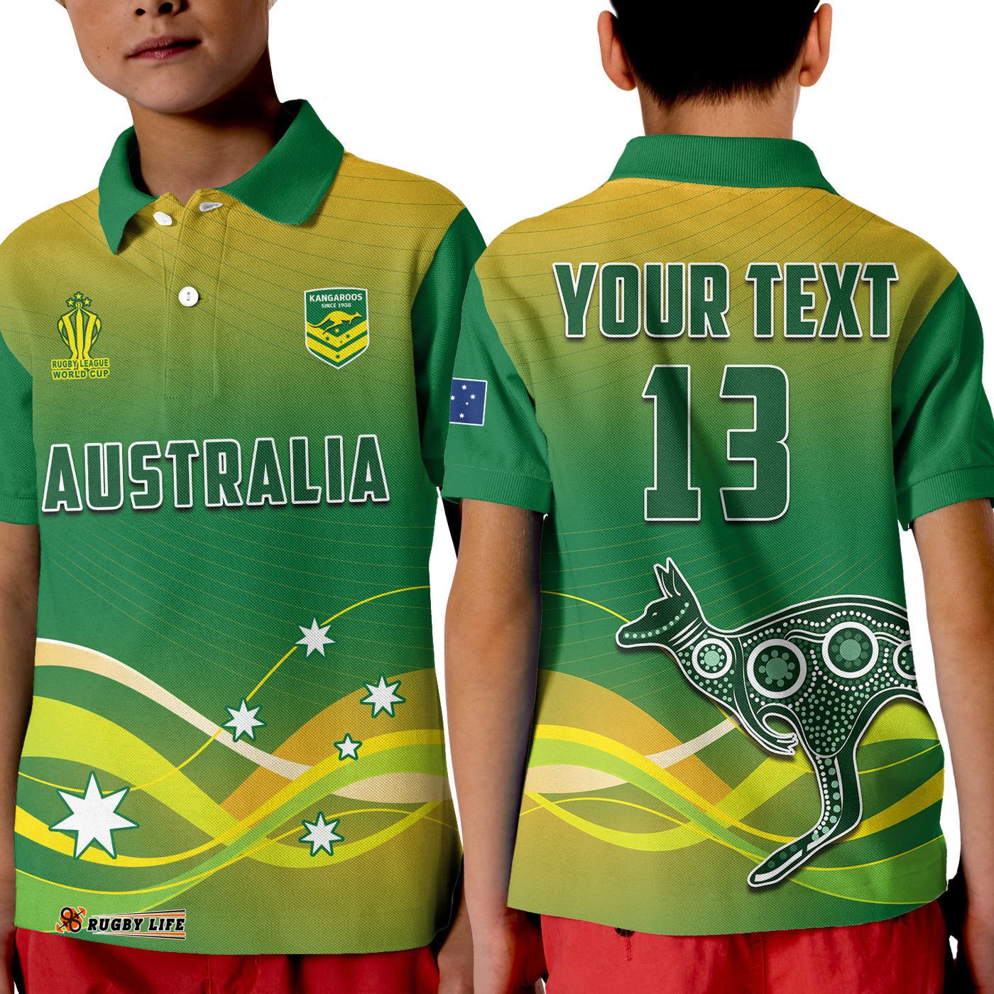 Custom Text and Number Australia Rugby Polo Shirt KID Champions RLWC Kangaroos World Cup Rugby