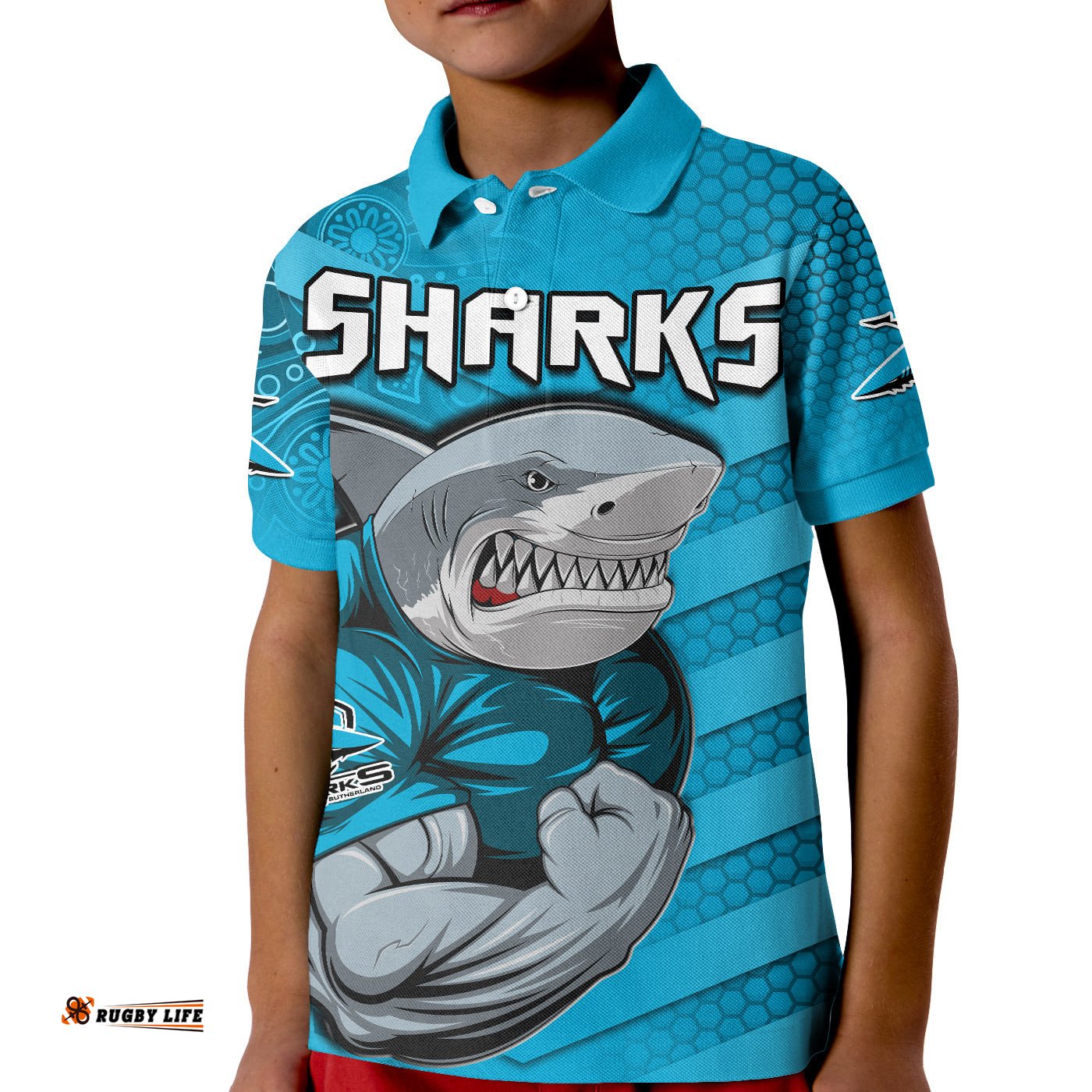 Sharks Rugby Polo Shirt KID Go Sharkies Aboriginal Sporty Version
