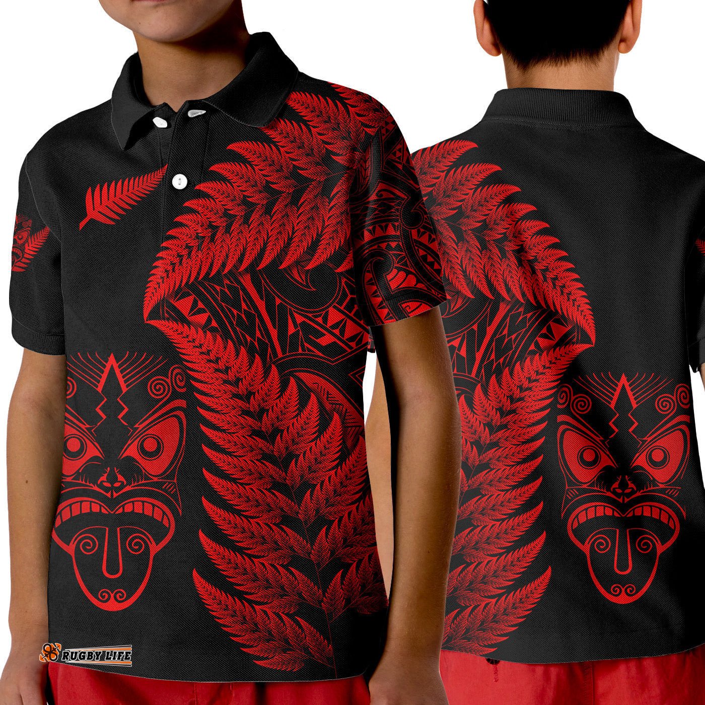 New Zealand Haka Rugby Maori Polo Shirt KID Silver Fern Vibes - Red