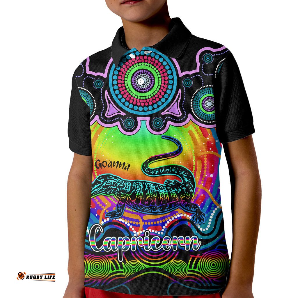 Personalised Australia Capricorn Goanna Zodiac Kid Polo Shirt Auz Astrology Aboriginal - Rainbow