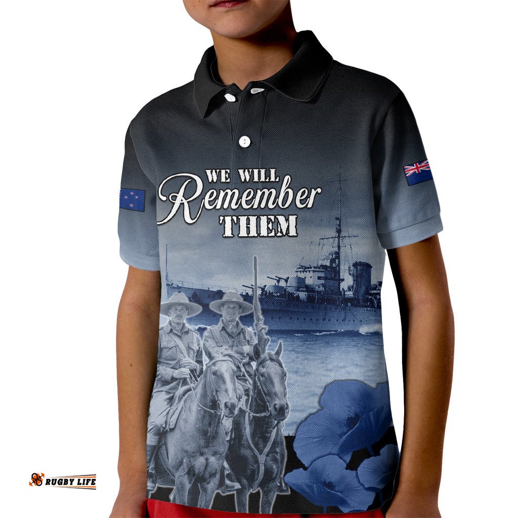 New Zealand ANZAC Day Kid Polo Shirt HMNZS Achilles We Will Remember Them
