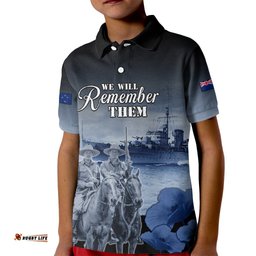 New Zealand ANZAC Day Kid Polo Shirt HMNZS Achilles We Will Remember Them