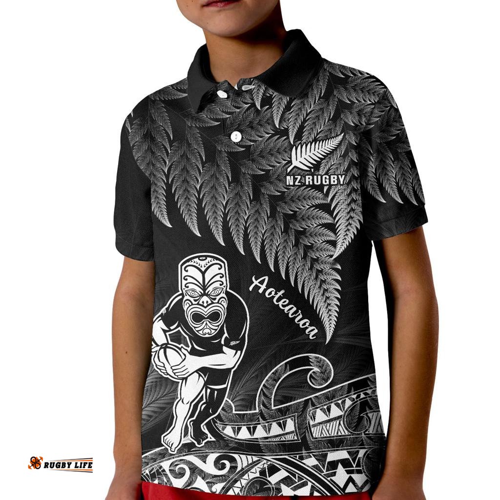 Custom Text And Number New Zealand Silver Fern Rugby Polo Shirt KID All Black Koru Maori