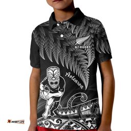 Custom Text And Number New Zealand Silver Fern Rugby Polo Shirt KID All Black Koru Maori