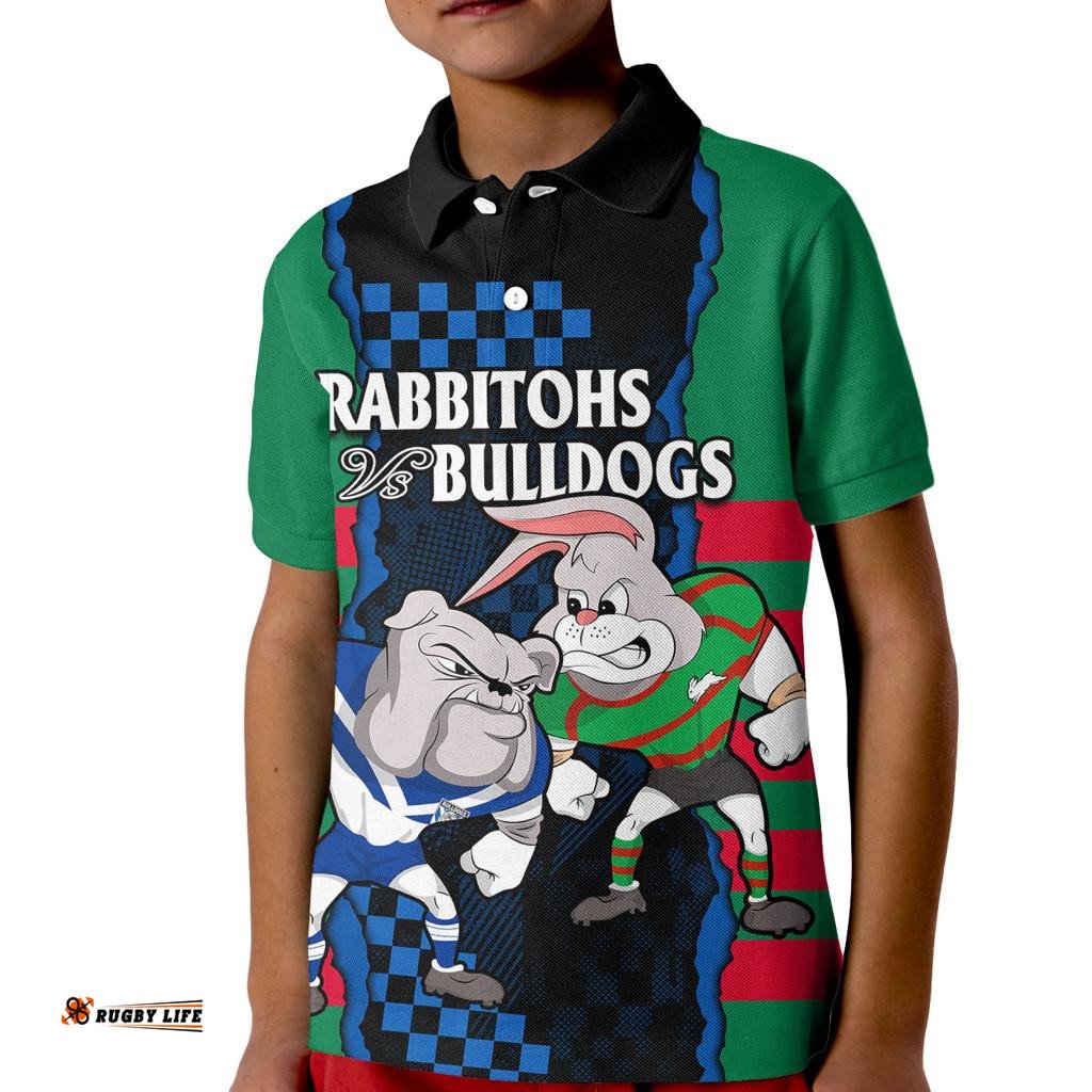 Custom Text And Number NRL Combine Rabbitohs and Bulldogs Kid Polo Shirt