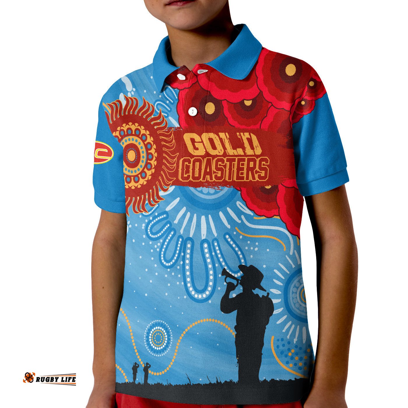 Custom Personalised Gold Coaster Sunnies Indigenous Anzac Day KID Polo Shirt We Will Remember