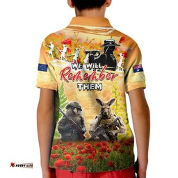 Australia And New Zealand ANZAC Day Kid Polo Shirt Kangaroo And Kiwi Bird Soldiers Lest We Forget