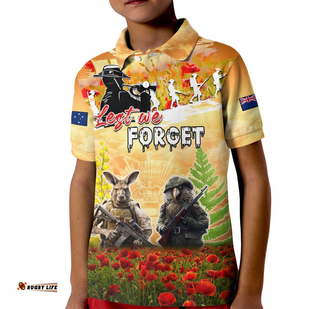 Australia And New Zealand ANZAC Day Kid Polo Shirt Kangaroo And Kiwi Bird Soldiers Lest We Forget