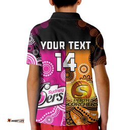 Custom Text And Number Perth Scorchers and Sydney Sixers Cricket Kid Polo Shirt Aboriginal Art
