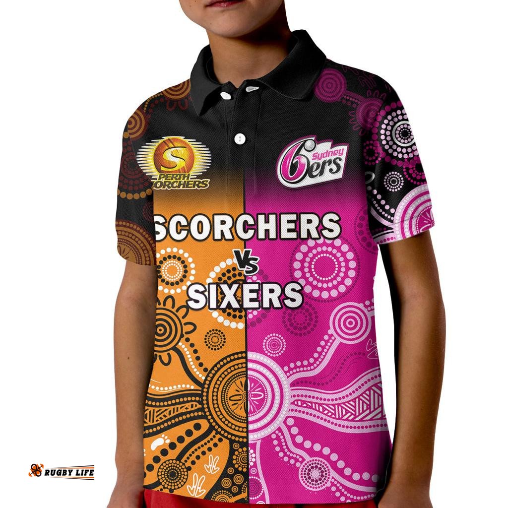 Custom Text And Number Perth Scorchers and Sydney Sixers Cricket Kid Polo Shirt Aboriginal Art