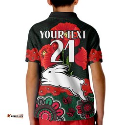 Custom Text And Number ANZACNRL Rabbitohs Rugby Kid Polo Shirt The Bunnies 1908 Poppy Flowers Mixed Aboriginal